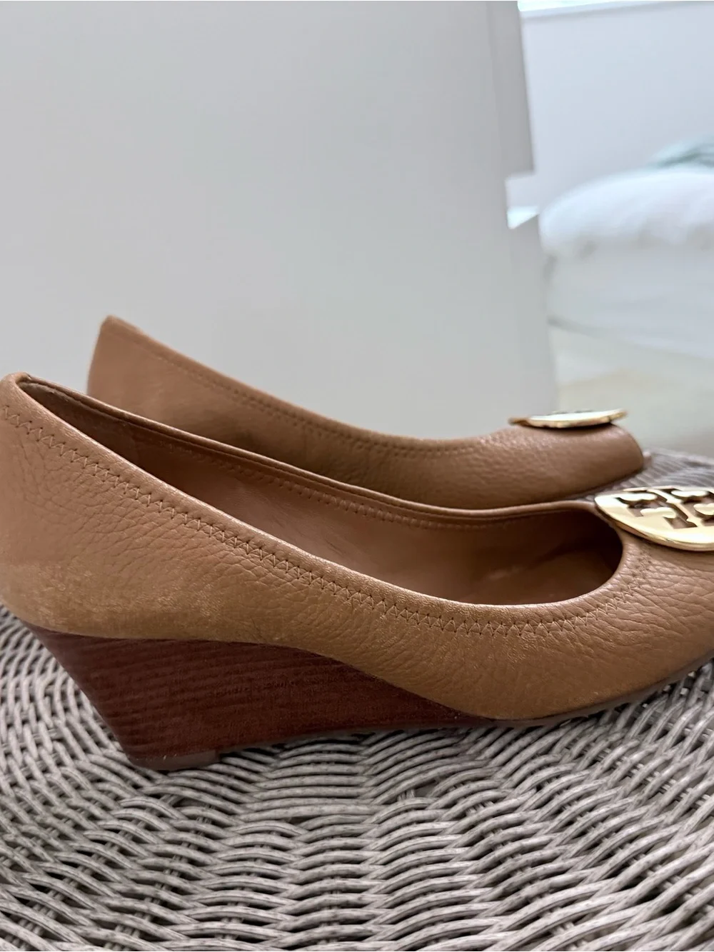 Tory Burch Camel Leather Peep-Toe wedges with Gold Logo Medallion
